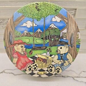 Vintage Teddy Bear Picnic Decorative Tin 7 Inch Collectible Storage Box Art Kids